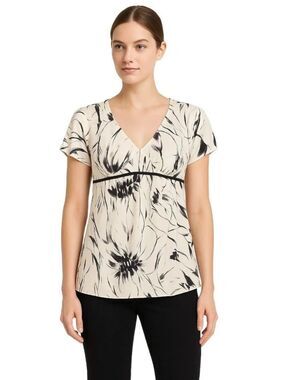 Grace Dane Lewis 100% Silk Cap Sleeve Blouse Cream Black Botanical Print Size 4